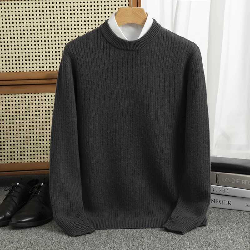 Vertical striped autumn and winter new Merino wool jacquard cashmere sweater mens O-neck jacquard warm bottom knitted top W250110