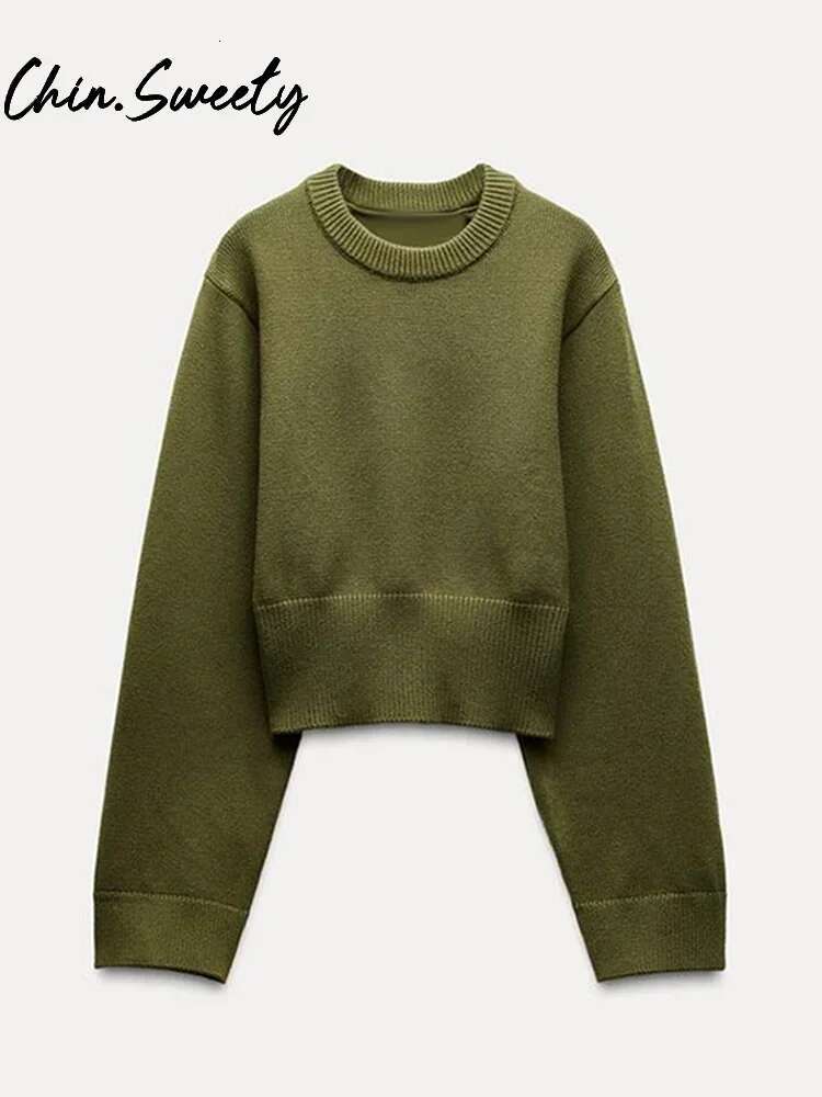 Women's Solid Knitted Crop Sweater Y2k O-Neck Long Sleeve Pleated Female Short Pullover 2025 Spring Lady All-Match Knitwear