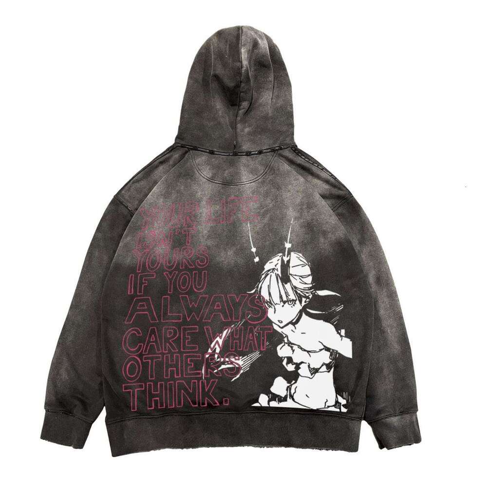 Unique lazy style American vintage washed printed hooded sweatshirt with loose versatile hoodie for men and women