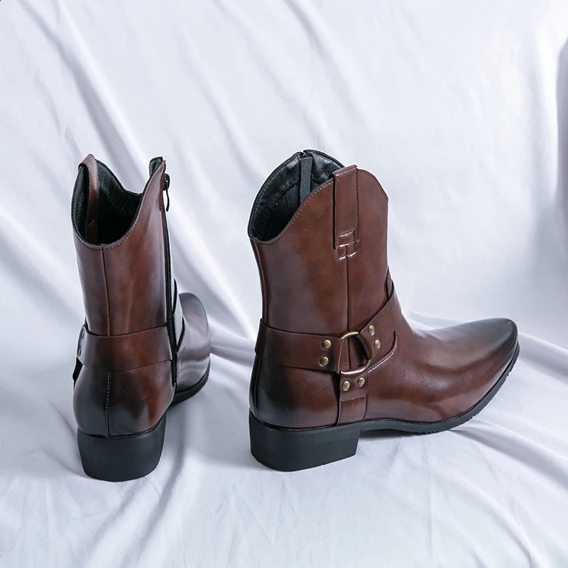 Fashionable Winter Patent Leather Cowboy Ankle Boots Mens Slip On High Tops For Men Flats Everyday All Match Shoes 250106