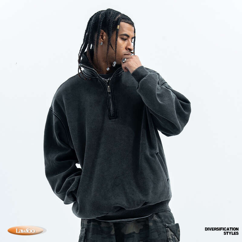 New American Street Washed Used Half Zipper Velvet Hoodie for Couples in Autumn and Winter