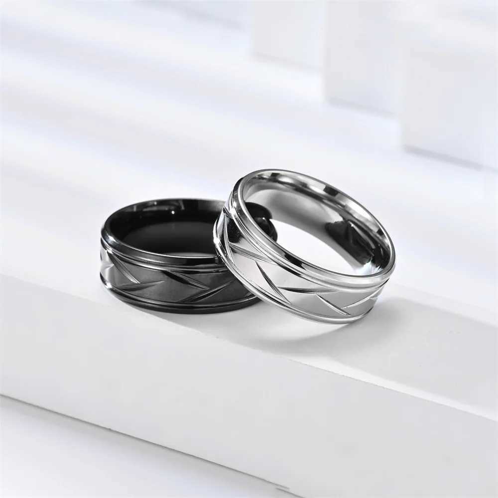 Mens silver black stainless steel ring groove multi sided ring womens engagement ring anniversary gift W250111