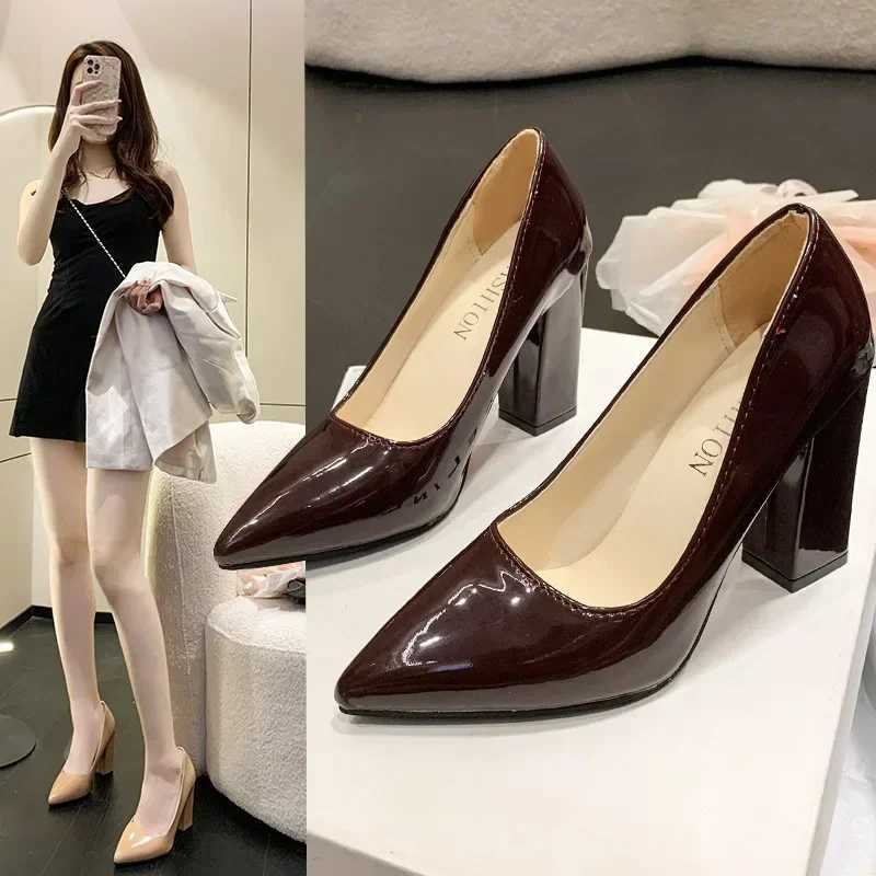New Arrival Square Heels Pumps Womens Shoes Patent Leather Sexy Wedding Party Official Casual Super Size Szie T250110