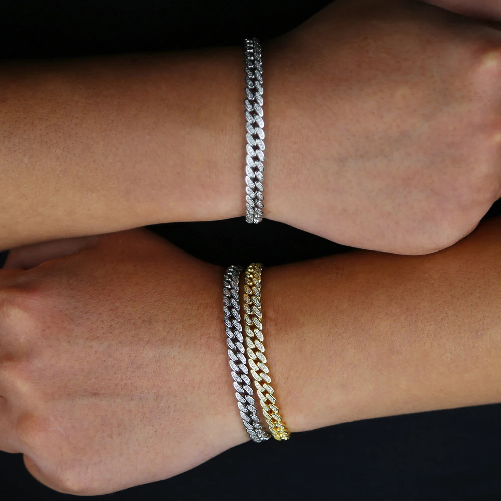 Gold Silver Color Iced Out Crystal 6.5mm Miami Cuban Chain Bracelet CZ Cuban Bracelet Rock Women Men Hiphop jewelry 250110