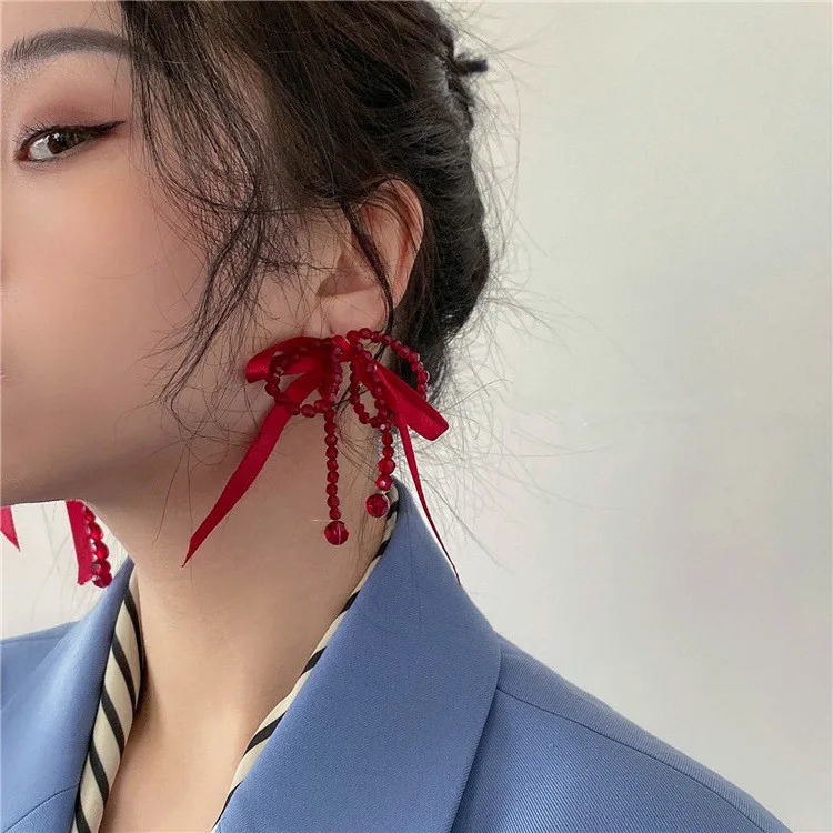 Lucky Red Earrings Personalized Large Ribbon Crystal Knot tassel Long Pendant Earrings Korean Style 250110