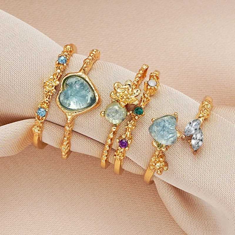 New Y2K Crystal Rings Kpop Heart Adjustable Ring Irregular Geometry Punk Vintage Rings Set for Women Girls 2024 Fashion JewelryXJ250110