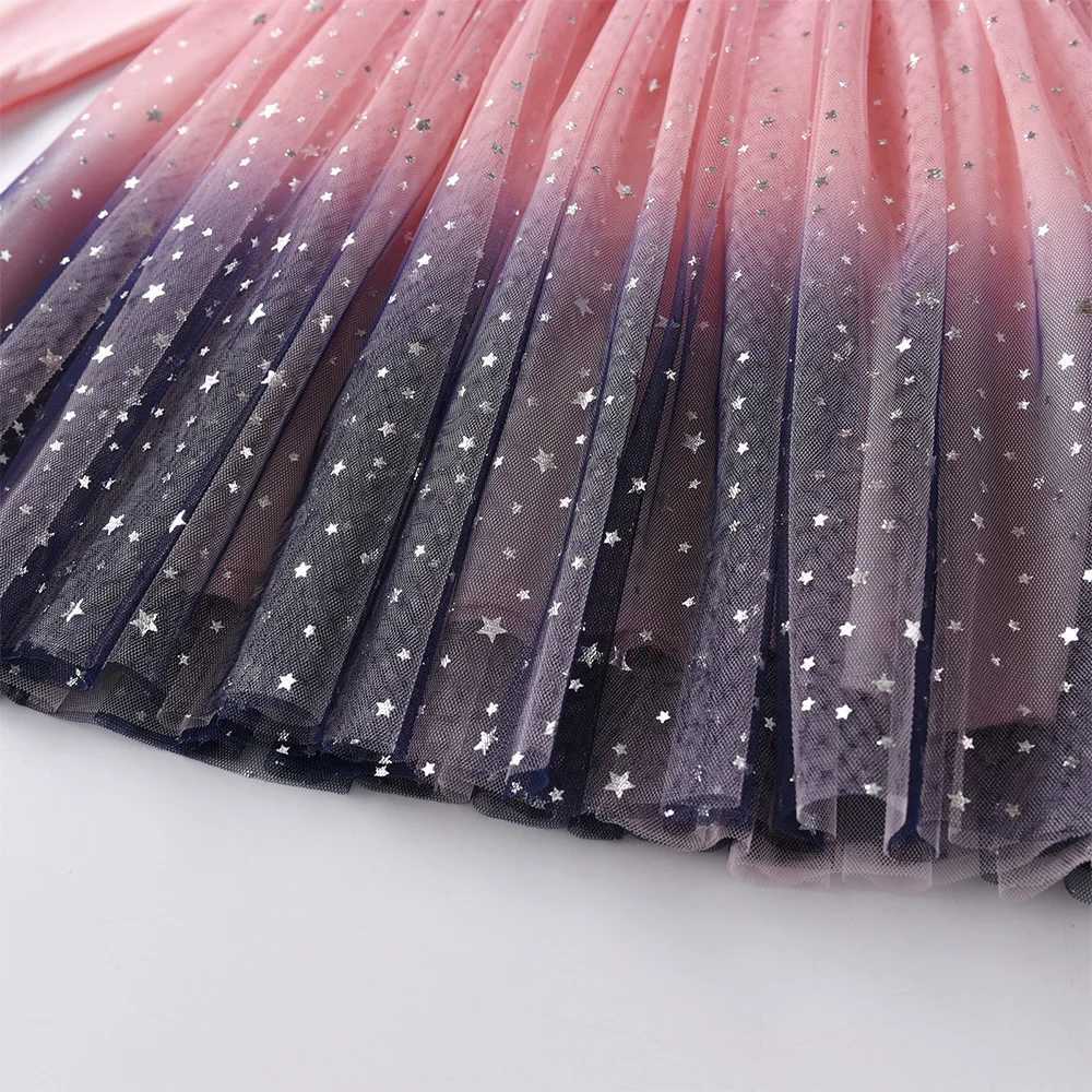 Vegeta Girl Autumn Spring Flame Sleeve Childrens Unicorn Print Gradient Dress Childrens Birthday Party Princess Pink Mesh Dress W250111