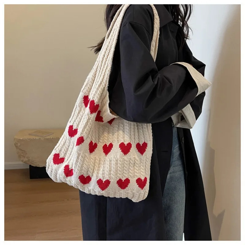 Single Shoulder Bags Fashionable Solid Color with Heart Shaped Womens Knitted Tote High Capacity Portable Shopping Bag 250107