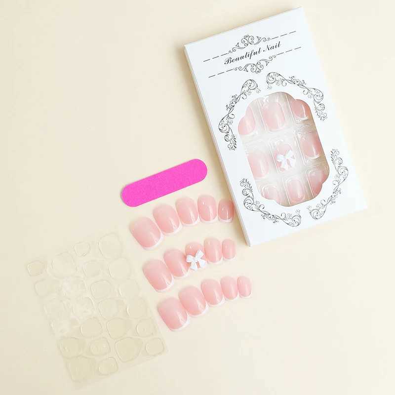 24Pcs White French Press On Nails 3D Bow Full Coverage Wearable False Nails Suitable for Women and Girls DIY Nail ArtXJ250110