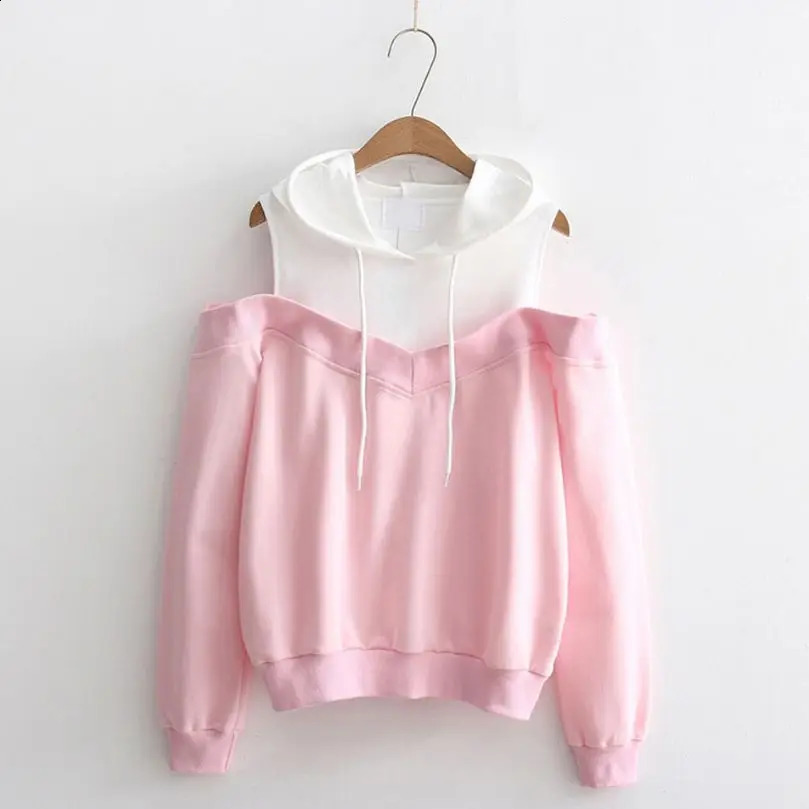 Autumn fashion Strapless shoulder fake two-piece hooded sweatshirt women 250106
