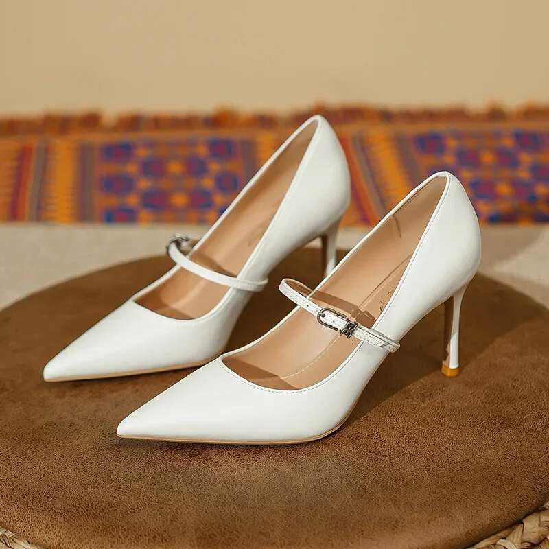 Black New French Style Mary Jane High Heels With Thin Heels, Pointed One Piece Buckle, Fashionable Single Shoes