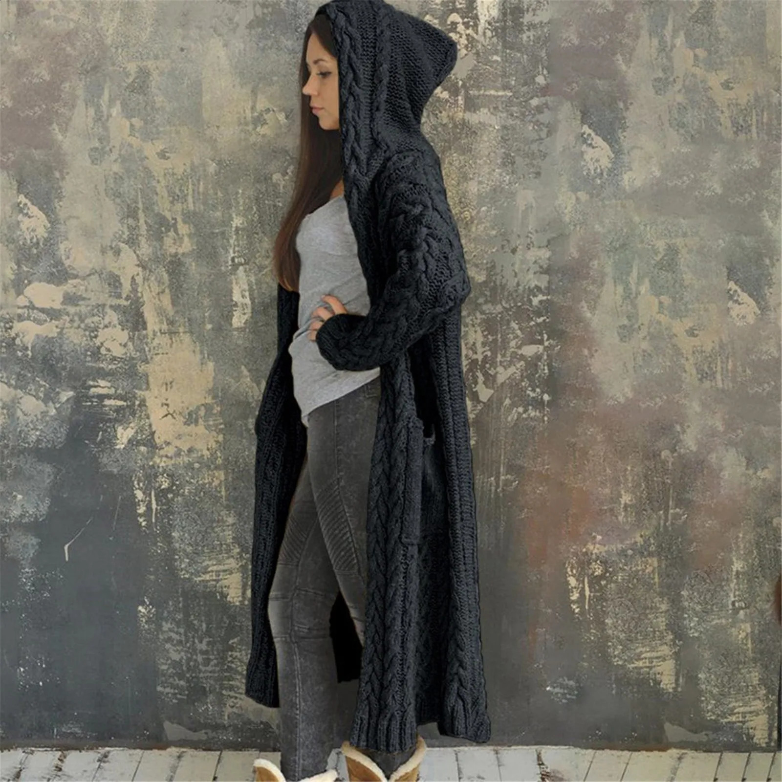 Women Long Sweater Cardigan Autumn Winter Knitted Jackets Pocket Loose Oversized Long Sleeve Casual Hooded Coats Streetwear 250106