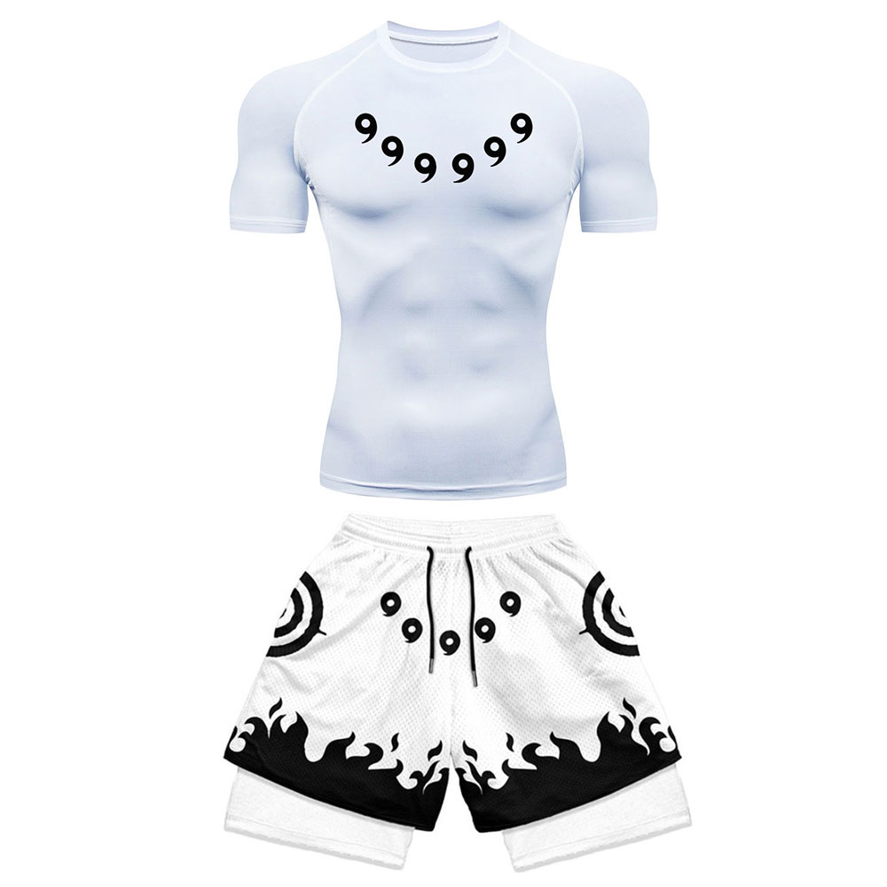 Men's Workout Compression Set Anime Printed Gym Tshirts Breathable Running Shorts Quick Dry Sports Rash Guard Sportwear Set