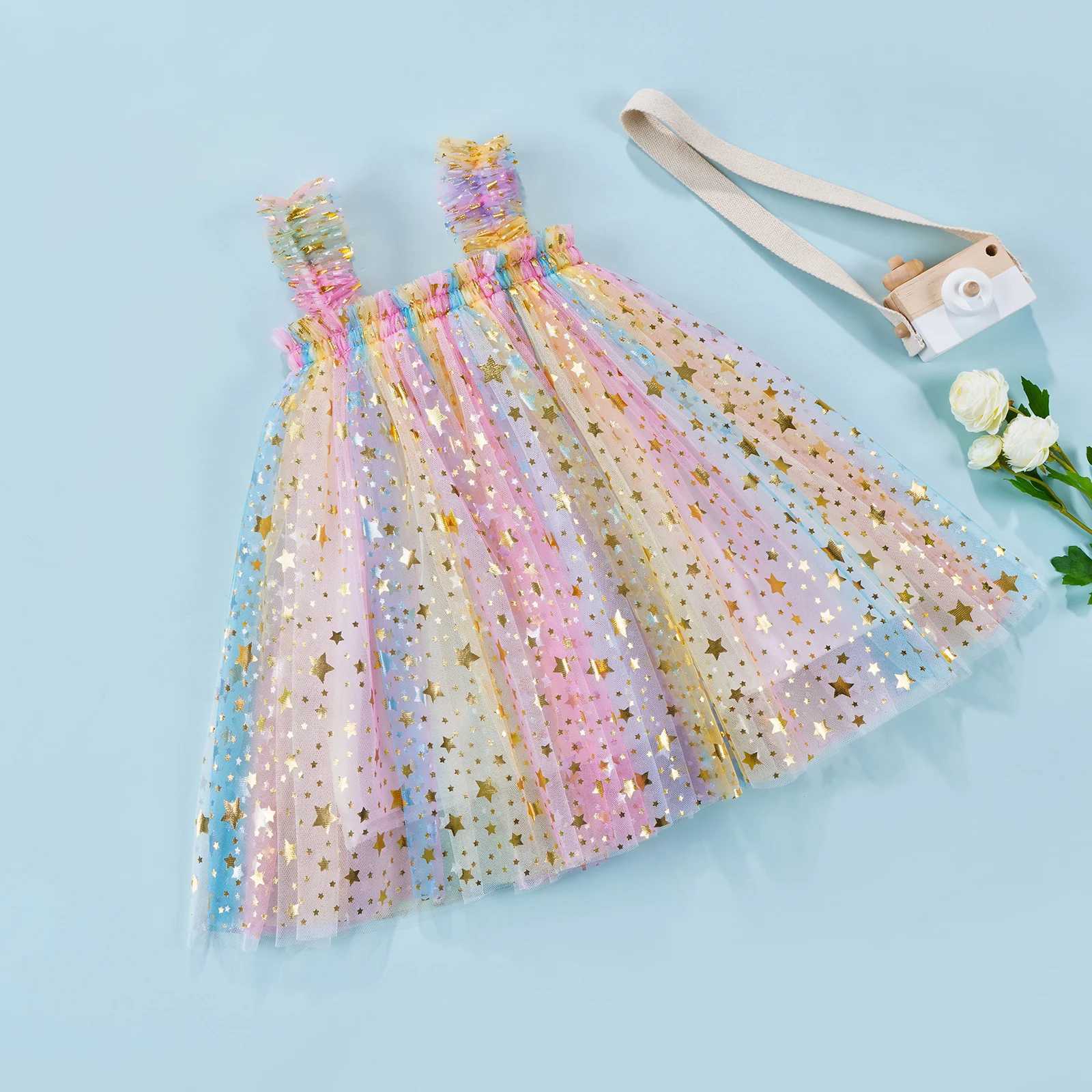 0-5Y baby girl summer dress 2023 new childrens sleeveless sequin star chiffon Tutu dress Par princess girl costume W250111