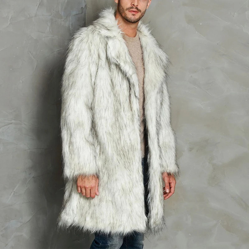 YILEEGOO Men Winter Faux Fur Coat Long Sleeve Lapel Collar Open Front Fluffy Jacket Outwear 250107