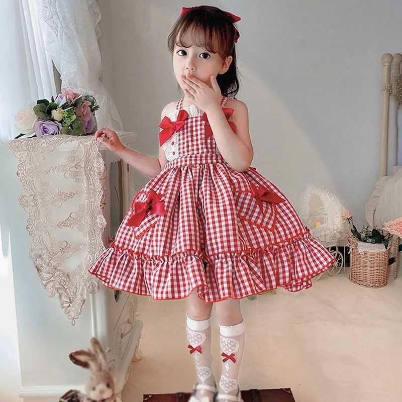 Summer girl Korean style dress with bow lace decoration Lolita princess dress square neckline girl plain printed dress sleeveless W250111