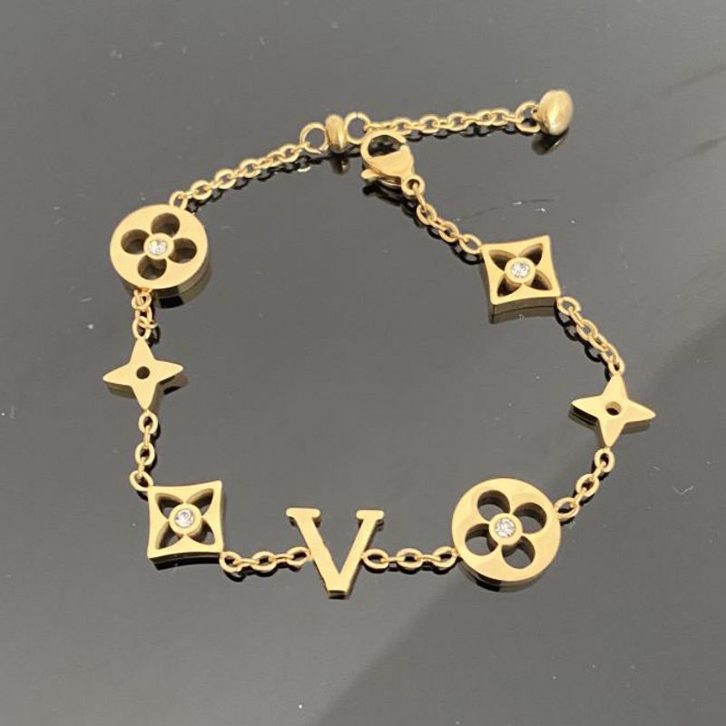 Gold Silver Color Women Luxury Designer Bracelet Titanium Steel Flower Pendants V Letter Fashion Bracelet For Women Girls Wholesale