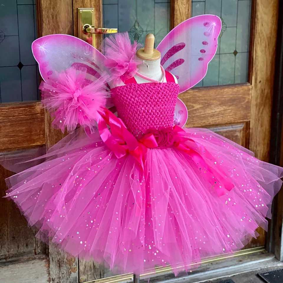 Girls Pink Sparkling Chiffon Dress Childrens Butterfly Fairy Tutu Dress with Wings and Clockwork Childrens Halloween Role Playing Costume W250111