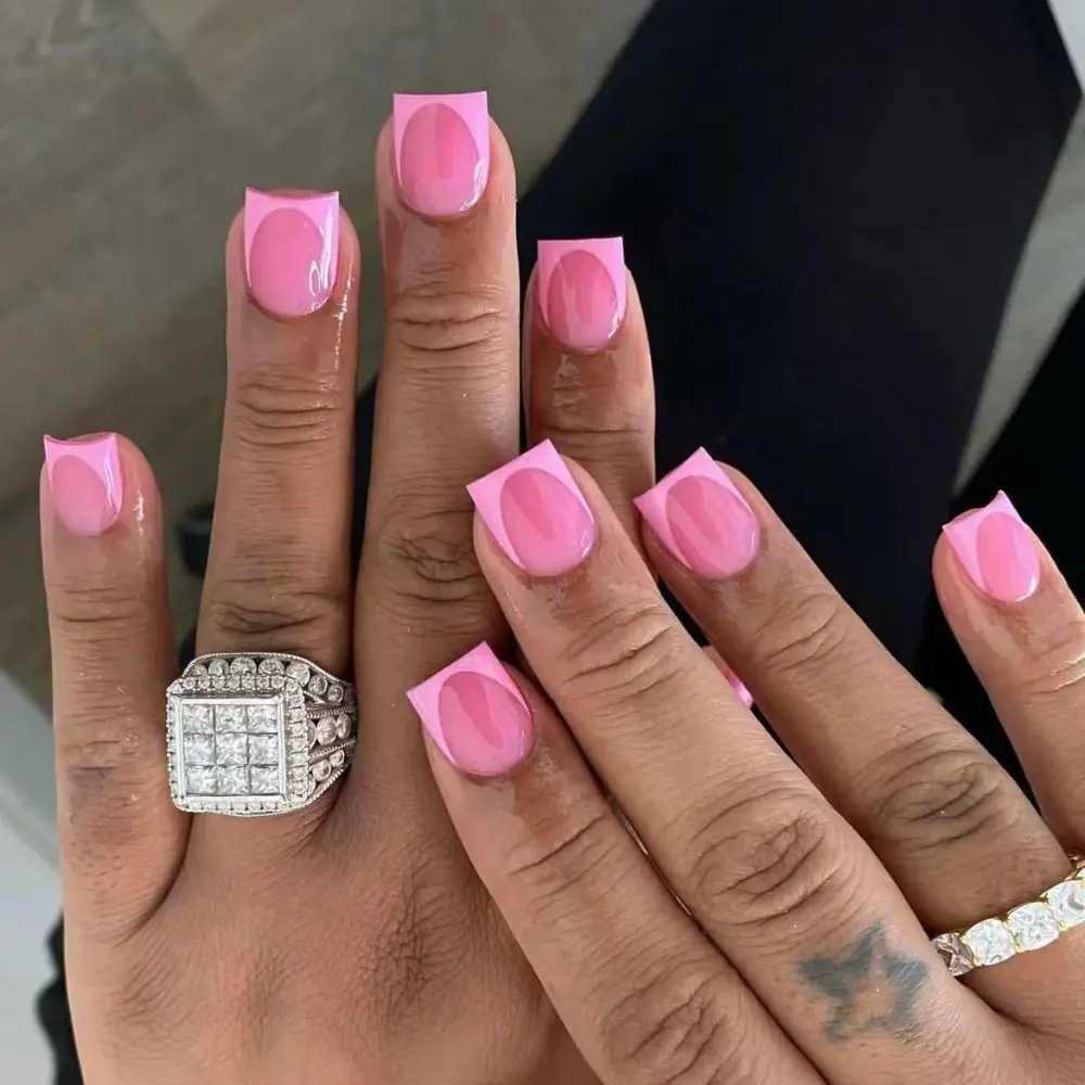 24pcs Short Square False Nails French White Edge Pink Fake Nails Full Cover Nail Tips Press on Nails faux fingernailXJ250110
