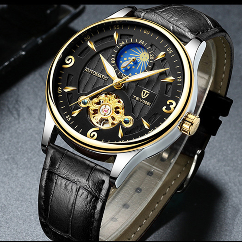 TEVISE Designer Watch Automatic Mechanical Watch Hollowed out Mens Watch with Moon Phase Tourbillon Casual Stainless Steel Strap Waterproof Function T