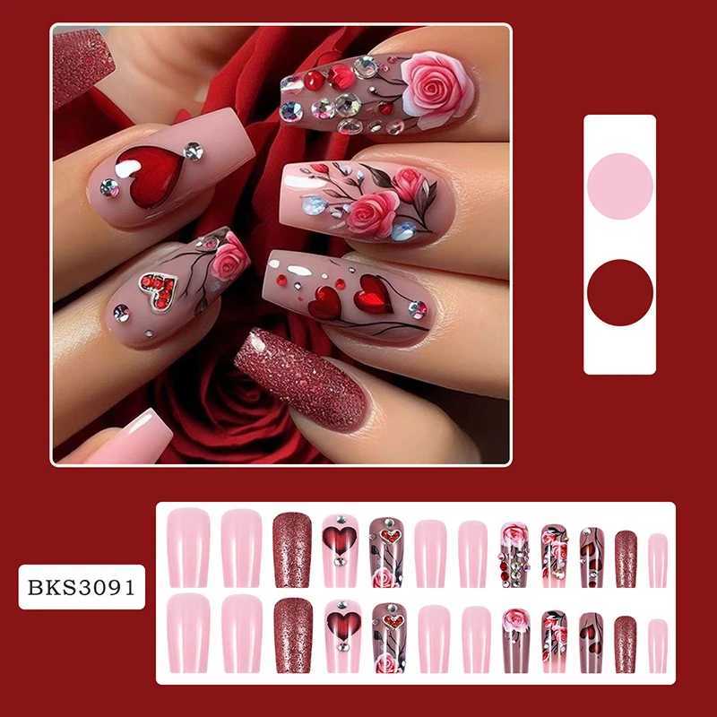 24Pcs Love Rose Press on Nails Valentines Day Red Medium Ladder Flashing Fake Nail for Women Girl Detachable Wearable NailXJ250110