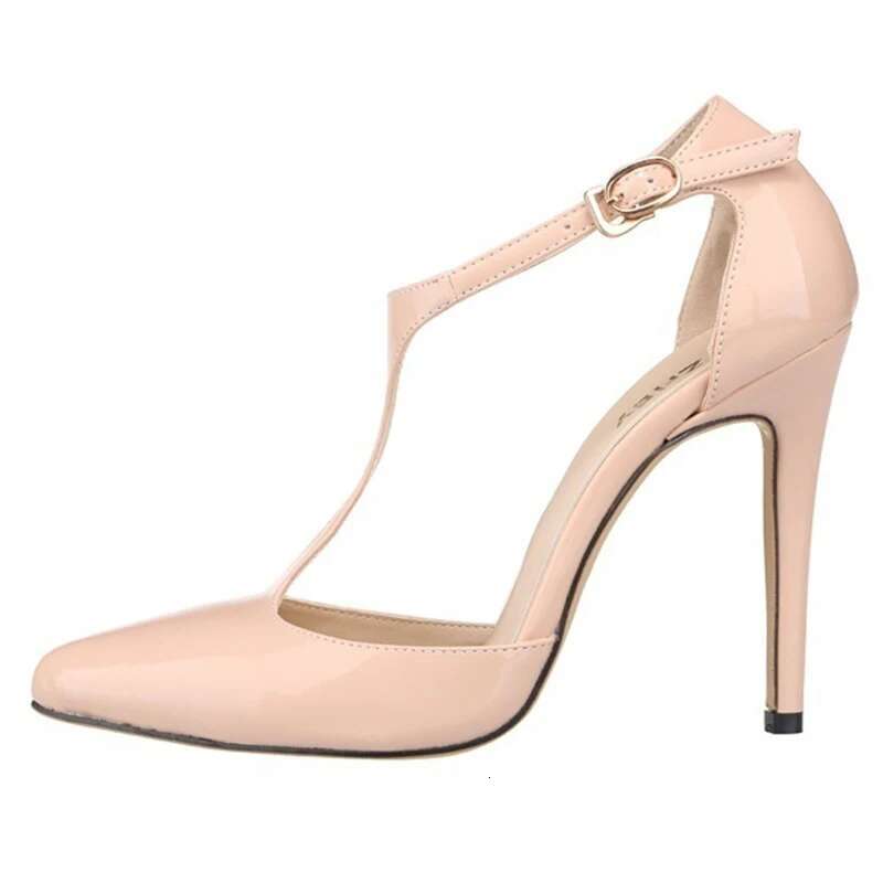 Women's Fashion Pointed Toe T-Strap Sandals Buckle Ankle Strap Patent Leather OL Casual High Heel Office Shoes Red Wedding Pumps