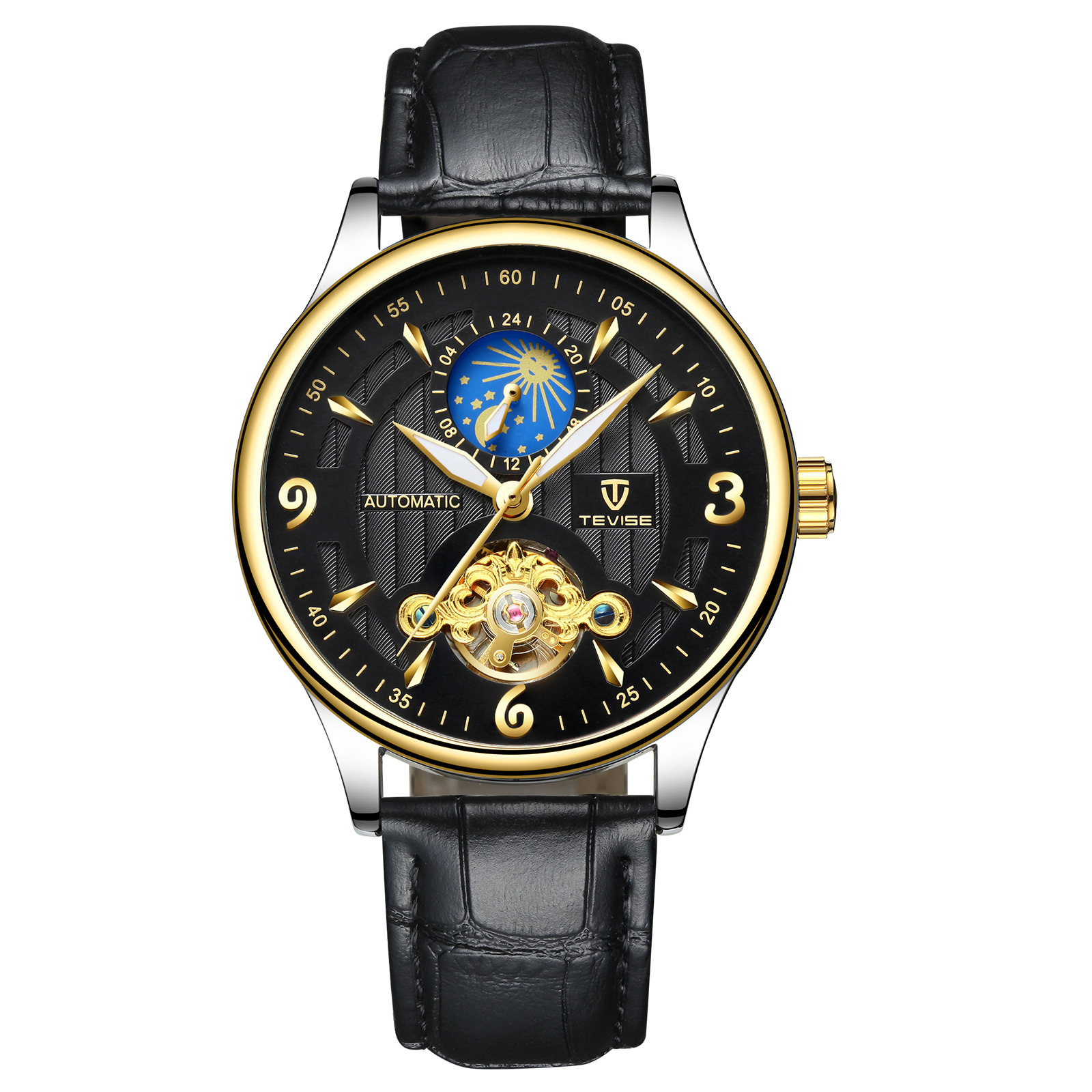 TEVISE Designer Watch Automatic Mechanical Watch Hollowed out Mens Watch with Moon Phase Tourbillon Casual Stainless Steel Strap Waterproof Function T