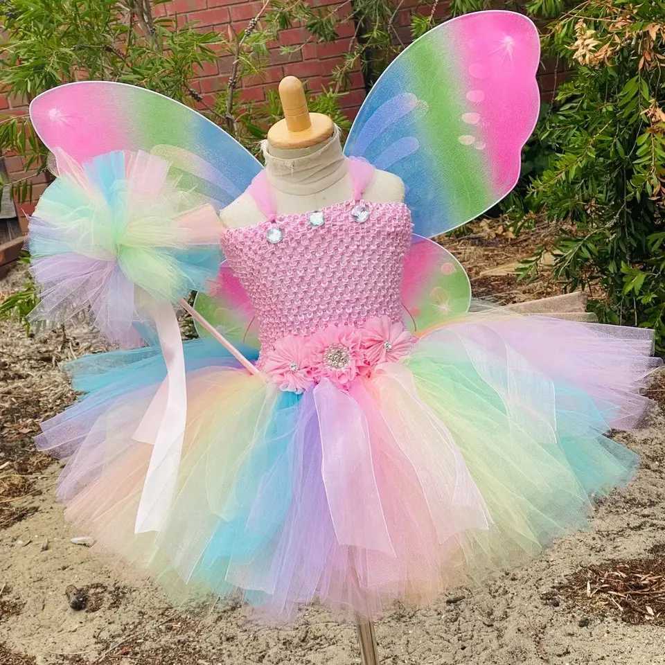 Girl Pink Butterfly Fairy Dress Children Flower Tutu Dress with Wings and Stick Hair Set Childrens Birthday Par Clothing W250111