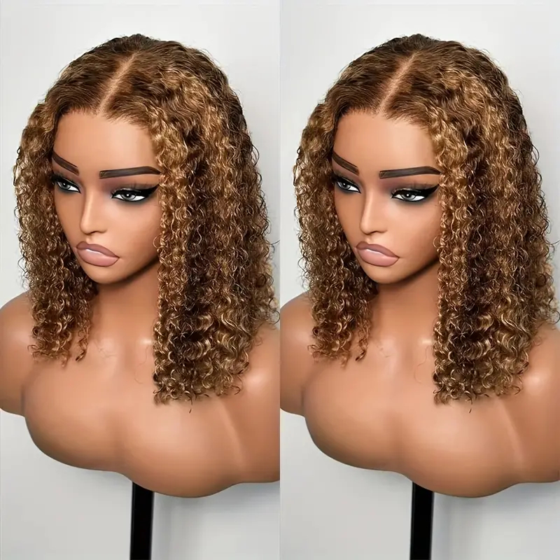 Highlight Short Wave 13X4 Lace Wigs Brazilian Human Hair Deep Curly Full Frontal Bob Wig Ombre Color