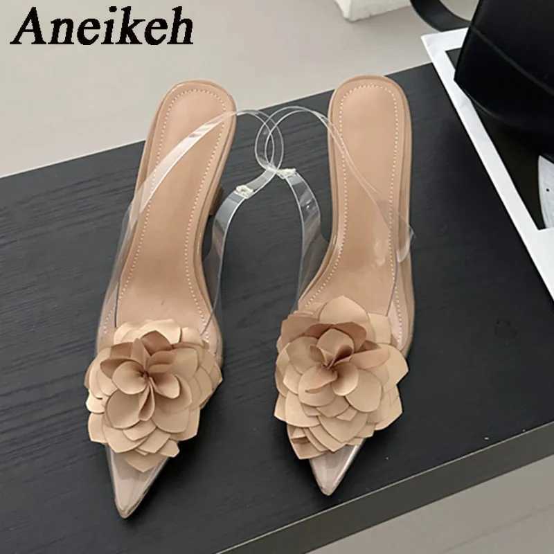 New Arrival Aneikeh Womens Silk Flower Decorative Single Shoes Sexy Transparent PVC Dot Strap High Heels Party Dress Zapatos T250110