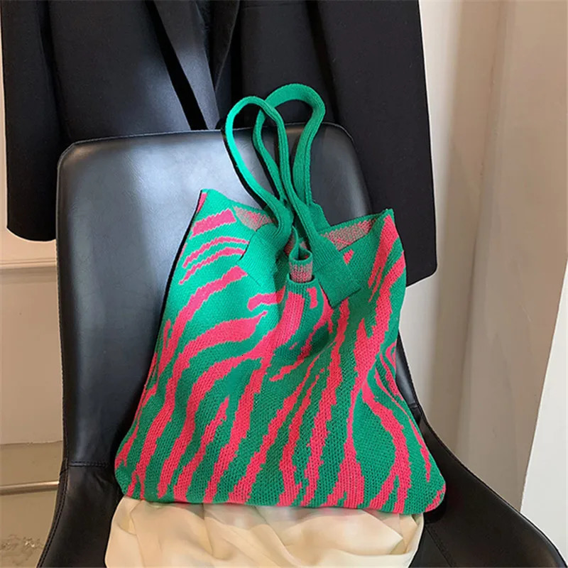 Trend Zebra Pattern Crochet Bag Large Capacity Women Handbag Shoulder Simple Knitted Tote for Teen Girls 250107