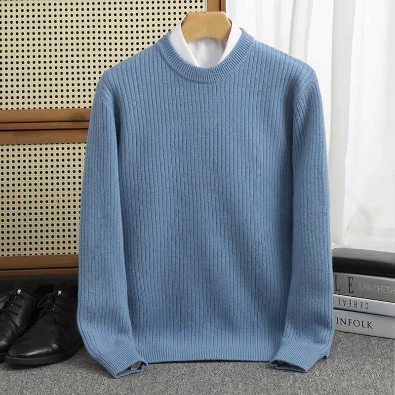 Vertical striped autumn and winter new Merino wool jacquard cashmere sweater mens O-neck jacquard warm bottom knitted top W250110
