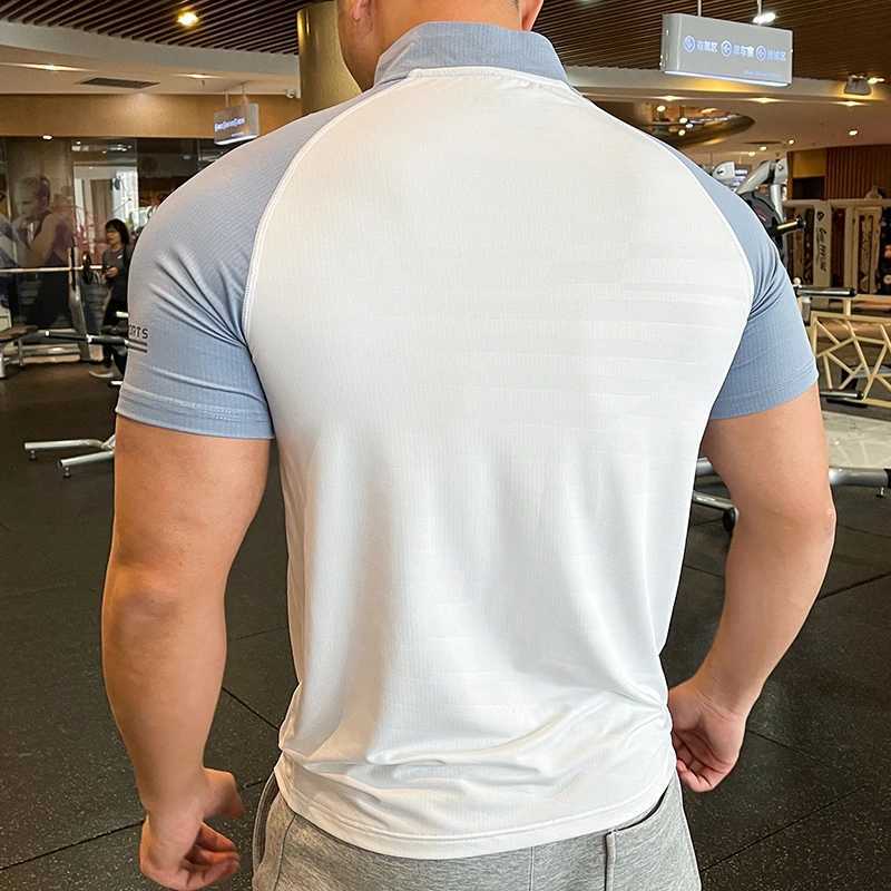 Breathable short sleeved zipper collar mens running and fitness T-shirt elastic quick drying sports and fitness tennis training shirt W250111