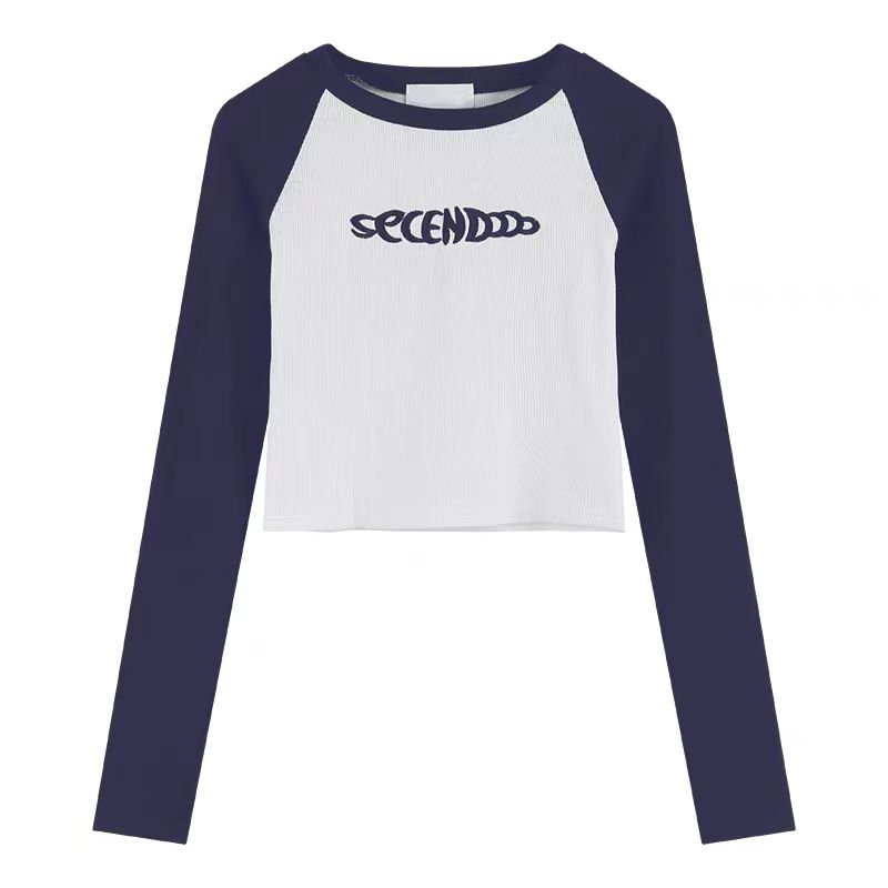 Patchwork Long Sleeve Tshirt Women Embroidery Crop Top Femal