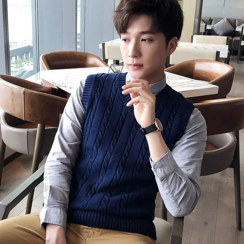 Knit Sweater Male Solid Color Sleeveless Plain Mens Clothing Blue Vest Waistcoat Jumpers Plus Size Selling Products 2024 A 250107