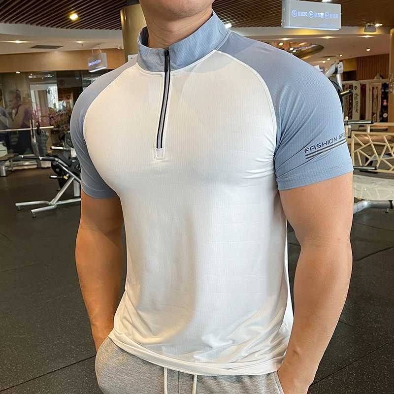 Breathable short sleeved zipper collar mens running and fitness T-shirt elastic quick drying sports and fitness tennis training shirt W250111