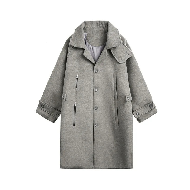 PFNW Vintage Highemd Gray Detachable Stand Collar Tweed Coat Mens Loose Silhouettes Long Casual Woolen Overcoat CPG2233 250106