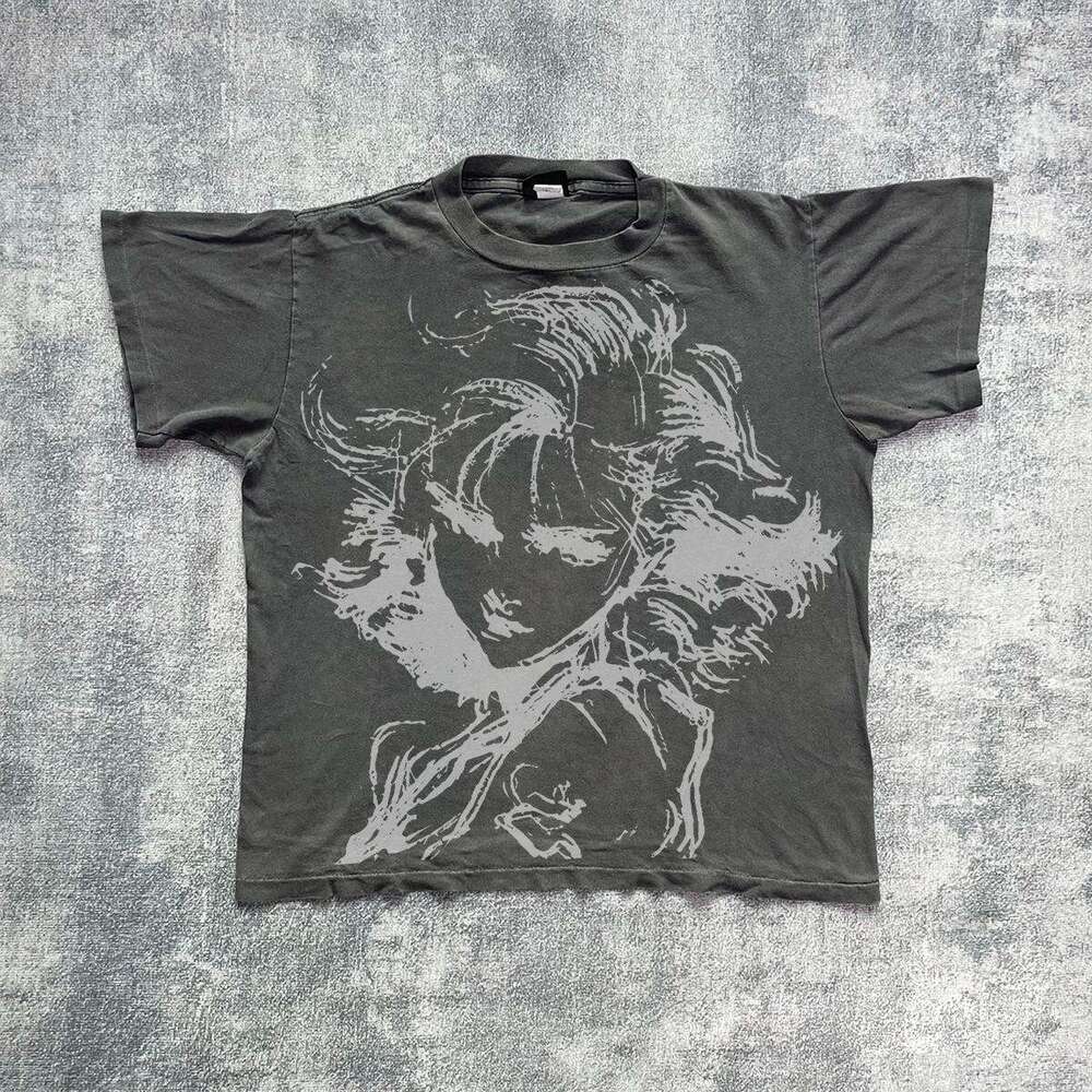 Inspiration American round neck washed creative short T-shirt, street versatile, gender free, half sleeved