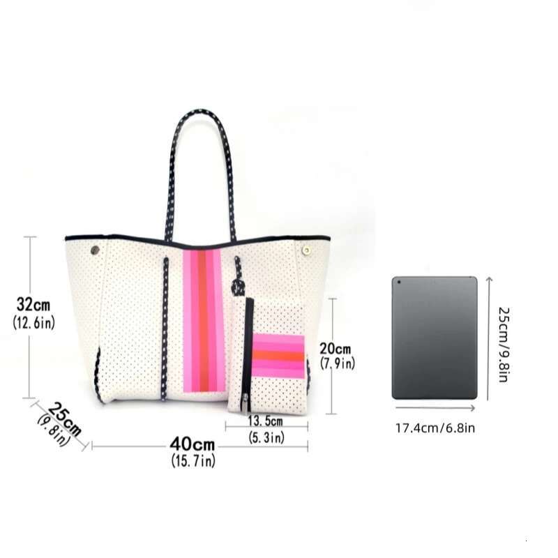 Hot Selg Striped Printing Women Traveg Handbag Big Hand Neoprene Ladies Perforated Beach Tote Bag