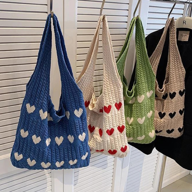 Love Heart Graphic Knitted Tote Bag Fashion Woven Shoulder Aesthetic Crochet For Women 250107