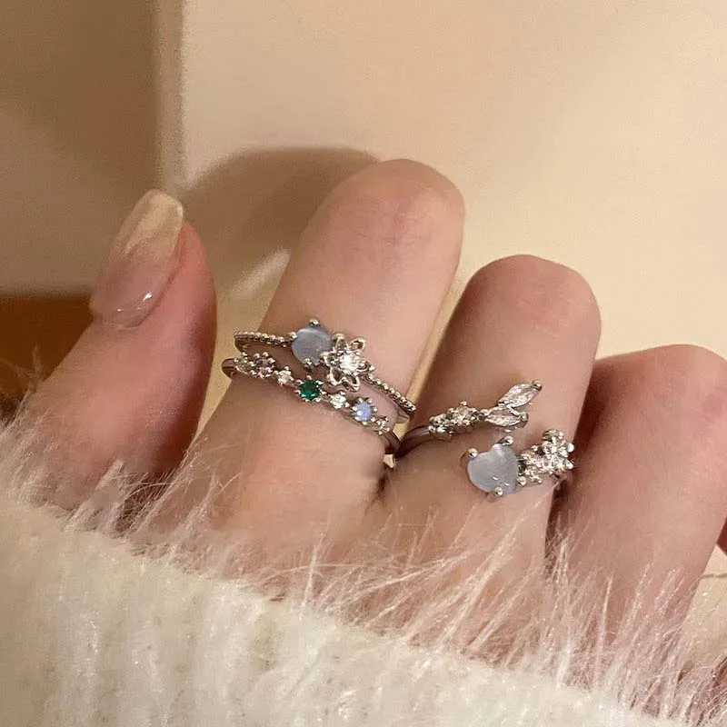 Fashion Blue Opal Heart Ring for Women Kpop Punk Gothic Open Flower Water Diamond Finger Ring Wedding Party Fashion Girls Jewelry W250111