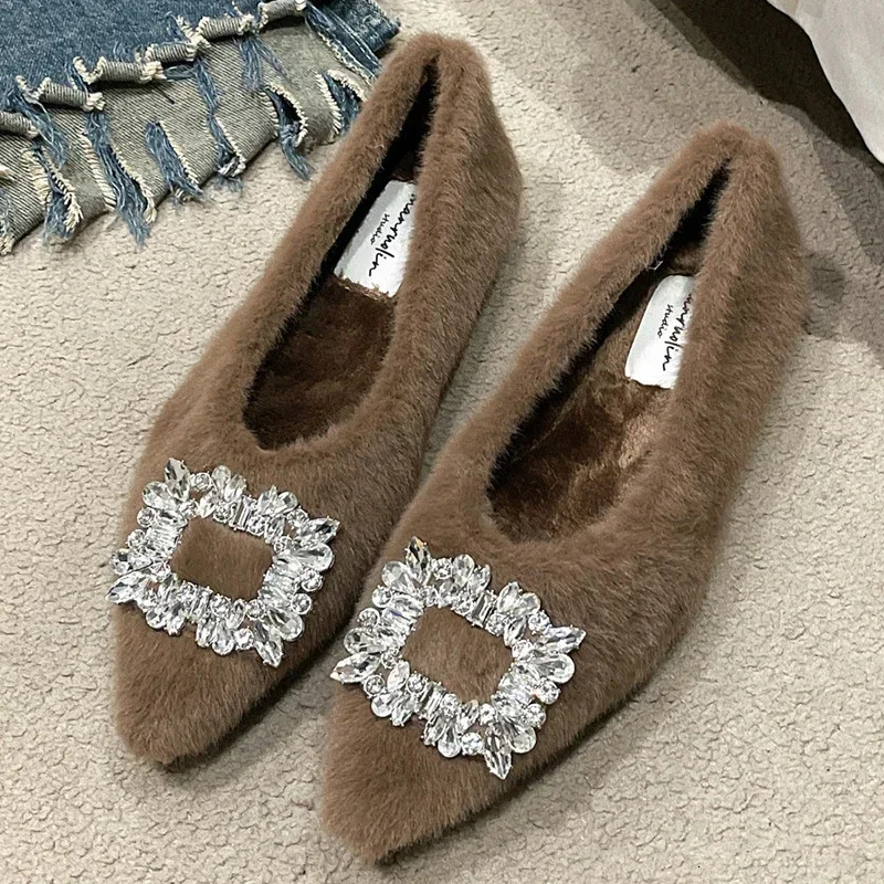 Winter Fur Flats Shoes Woman Crystal Pointed Toe Slip on Ladies Flat Shoes Female Sexy Boat Shoes Mocasines er 250106