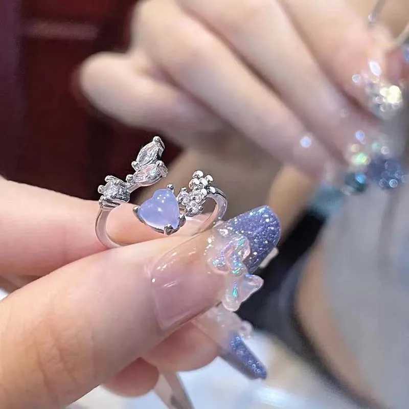 Fashion Blue Opal Heart Ring for Women Kpop Punk Gothic Open Flower Water Diamond Finger Ring Wedding Party Fashion Girls Jewelry W250111