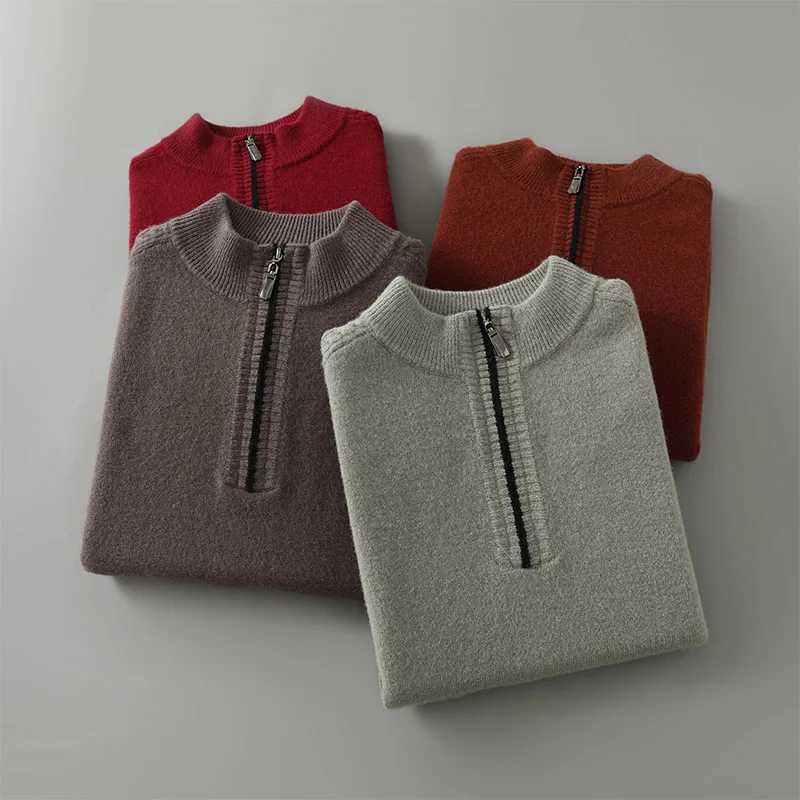 New autumn and winter mens pure wool knitted long sleeved pullover sweater with half high collar and thick zipper for warmth business and fashion W250