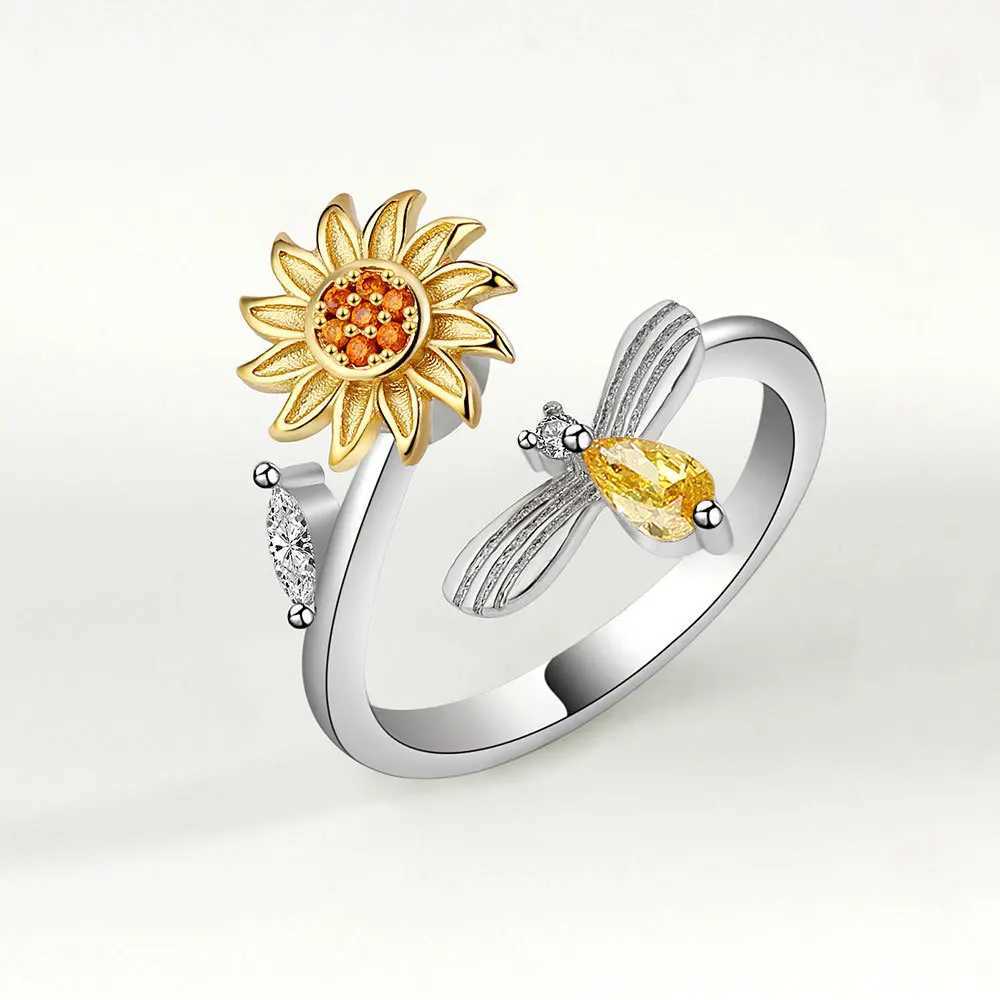 Sam Panda 925 sterling silver sunflower diamond zircon rotating ring womens gift relief Str ring jewelry wholesaleXJ250412