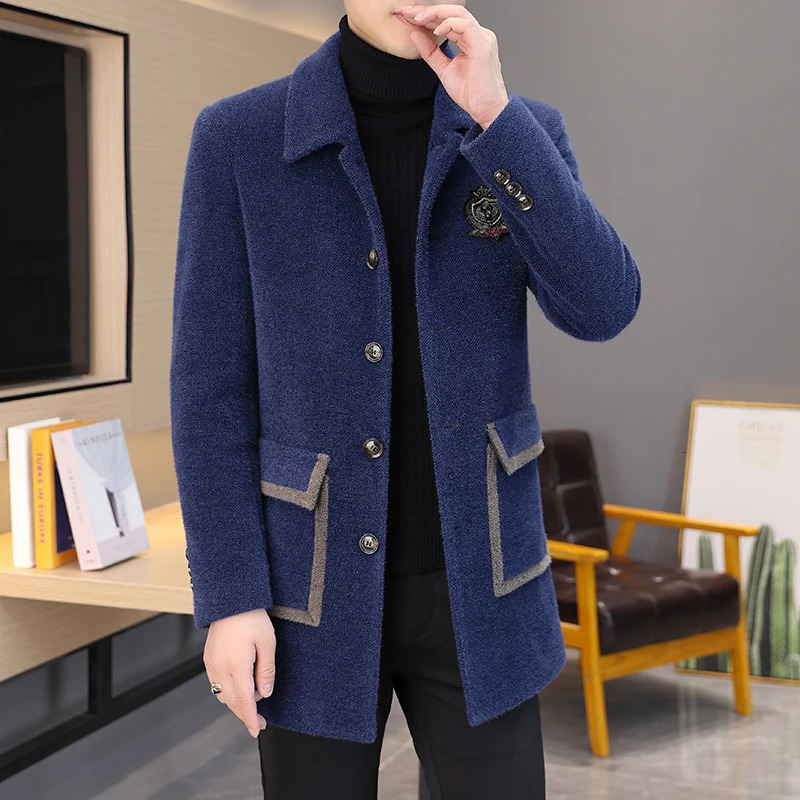 Winter Mink Velvet Wool Blends Jacket Men Casual Business Long Coat Social Streetwear Slim Overcoat Windbreaker 250106