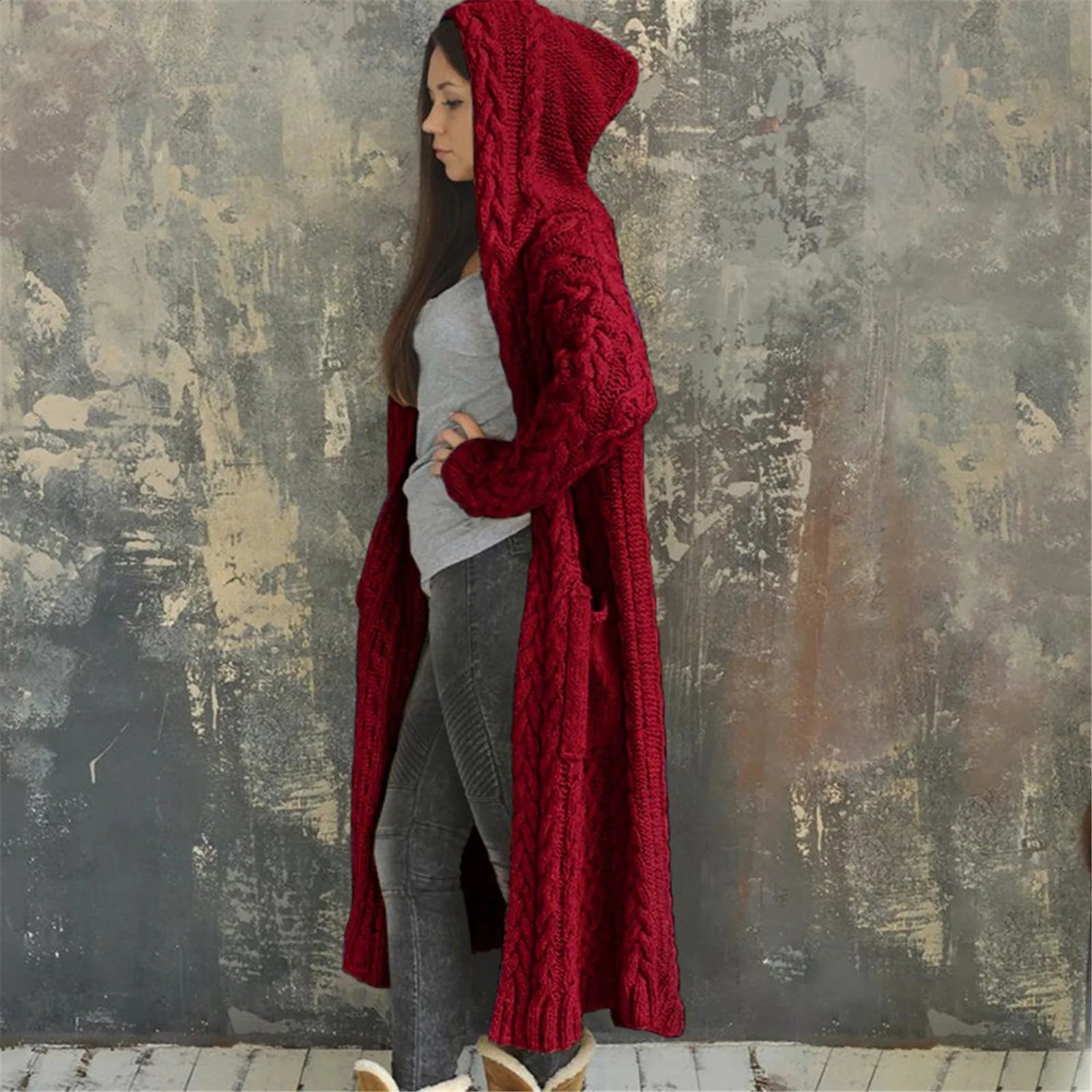 Women Long Sweater Cardigan Autumn Winter Knitted Jackets Pocket Loose Oversized Long Sleeve Casual Hooded Coats Streetwear 250106
