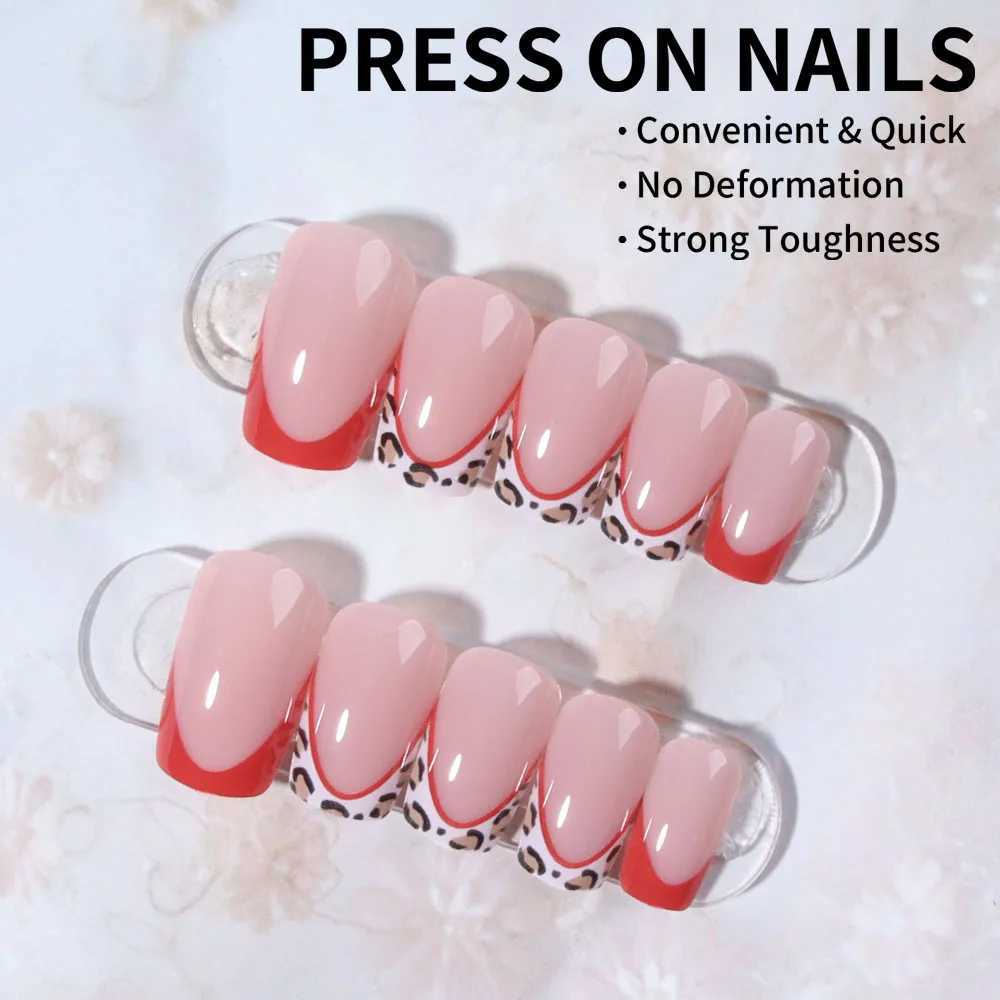 24pcs short square fake nails sexy leopard print red edge French bright design fake nails full cover fake nails white detachaXJ250110