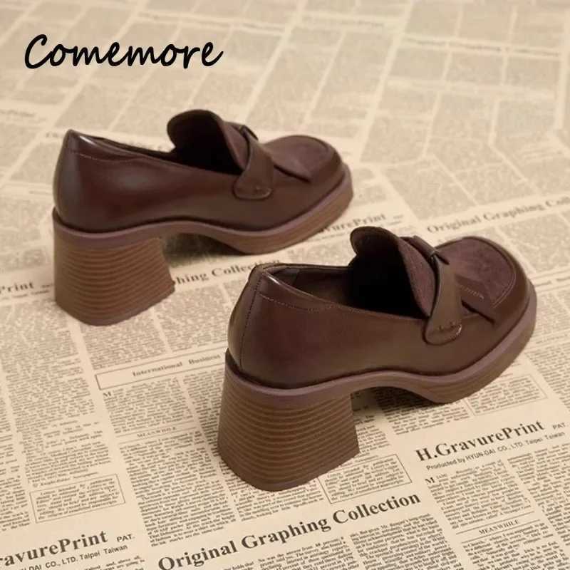 New Arrival Comemore Loafers chunky burst womens shoes brown leather high heels pump luxury womens shoes platform British style womens shoes T250110