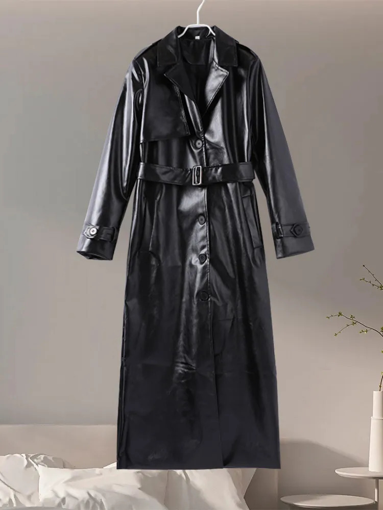 Street Leather Long Jacket Loose Lapel Single Breasted Belt Pu Coats Female 2024 Autumn Sleeves Solid Outwears Lady 250103